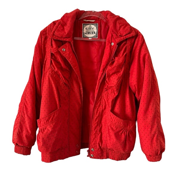 Vintage Fleet Street City Limits red puffer jacket tonal polka dots - Picture 2 of 16